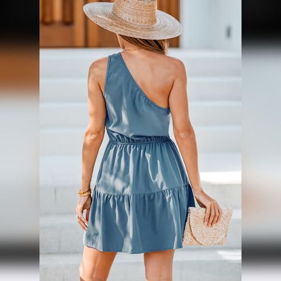 Cupshe NWT Dusty Blue One Shoulder Mini Dress, Elastic Waistband, S - Picture 6 of 12
